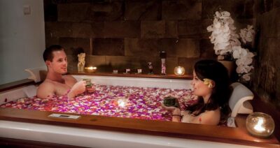 Romantic Couple Treatment at ANJALI SPA - The flower milk jacuzzi moment: romance, warmth, and a drink